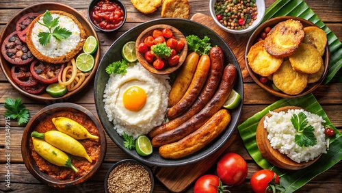 Wallpaper Mural Vibrant arrangement of traditional Colombian dishes, including bandeja paisa, empanadas, arepas, chorizo, and plantains, showcasing the country's rich culinary heritage and cultural diversity. Torontodigital.ca