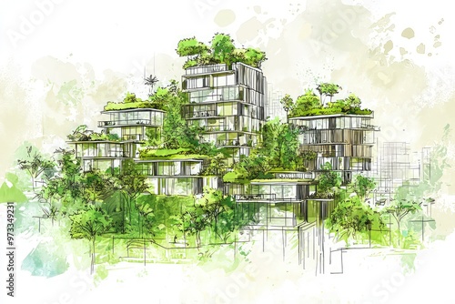 Wallpaper Mural A hand-drawn concept sketch of a sustainable green city with eco-friendly buildings and greenery, representing urban planning and environmental conservation. Torontodigital.ca