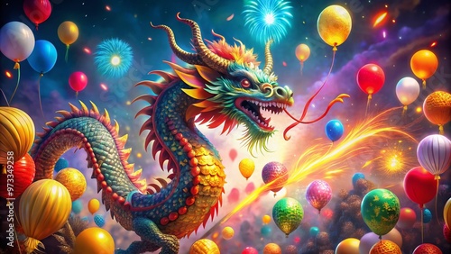 Vibrant Asian-inspired dragon surrounded by firework explosions, confetti, and balloons, celebrating the start of a new year with joy and festive atmosphere.