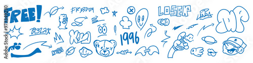 Urban street graffiti doodle element set, sticker kit, spray ghetto prints collection. Gangster tattoo kit, underground