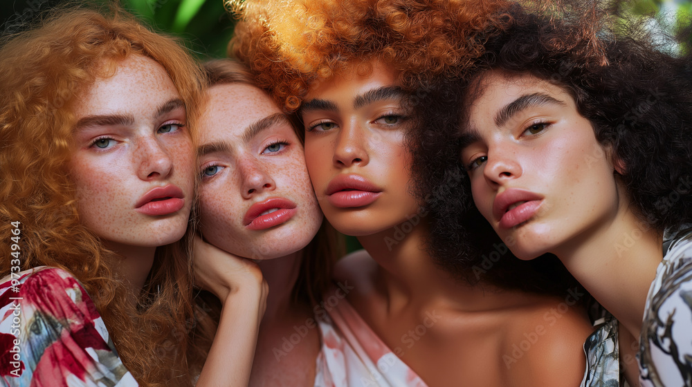 Obraz premium Diverse beauty portraits of women with freckles and natural textures, modern fashion photography