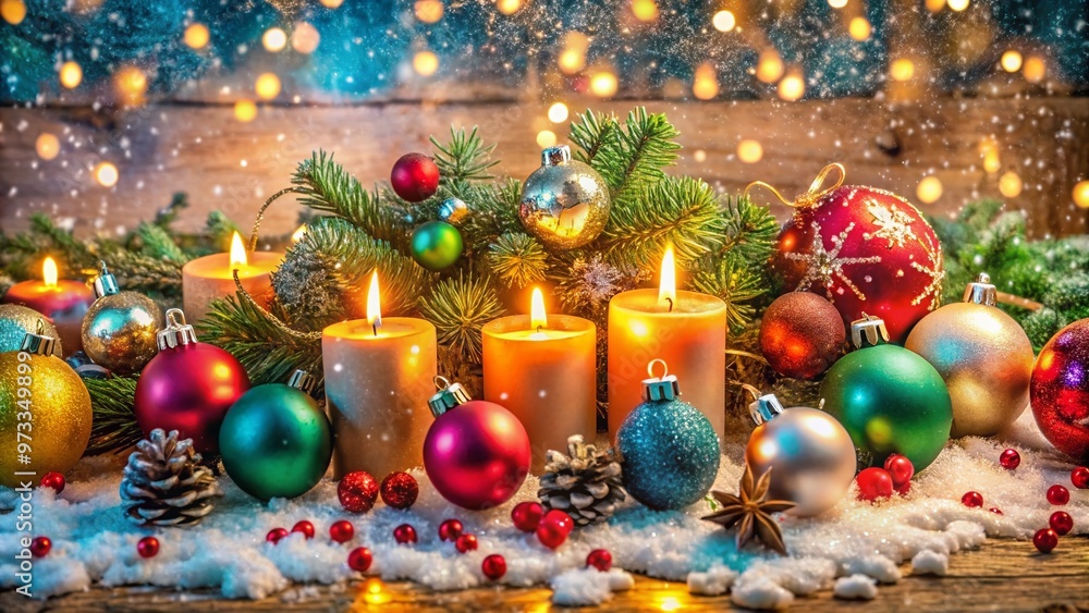 Vibrant baubles, garlands, and candles adorn a festive holiday setting, surrounded by snowflakes, bells, and confetti, exuding joy and warmth, capturing the essence of the season. Vibrant baubles, garlands, and candles adorn a festive holiday setting, surrounded by snowflakes, bells, and confetti, exuding joy and warmth, capturing the essence of the season.