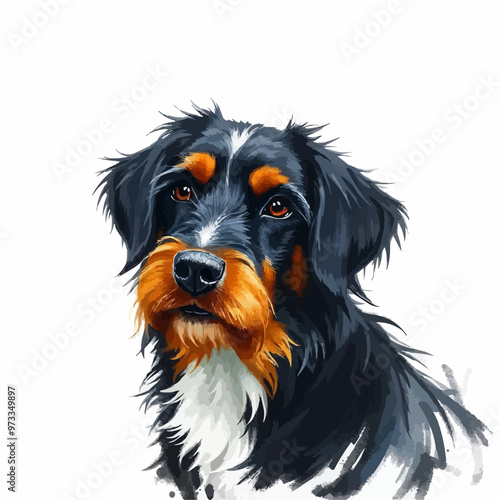 Cheerful dog oil painting with a humorous expression , funny, cheerful, dog, oil painting, humor, colorful, art, pet. black and brown color cute dog editable vector illustration. Dog digital art