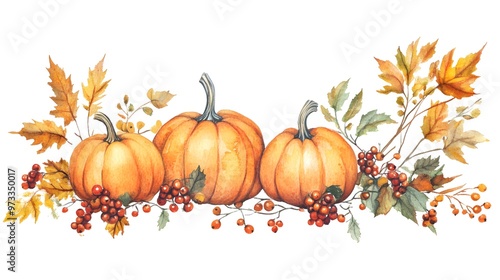 Watercolor-style border illustration with autumnal pumpkins, berries, and leaves. Bright and colorful design, ideal for framing festive Thanksgiving invitations or seasonal holiday cards. 