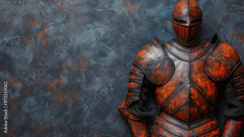 A rusted medieval knight's armor with a dark, worn finish, standing against a textured background.