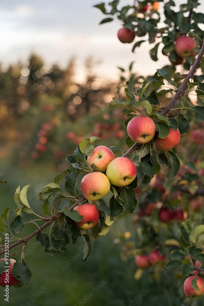 Obraz premium A golden hour shot of a fruit farm with apple trees. The foreground contains a branch with ripe, organic apples. The background is a blurred view of the orchard with more apple trees.