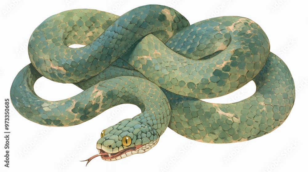 Obraz premium A green snake with yellow eyes and a forked tongue, curled up in a coil.