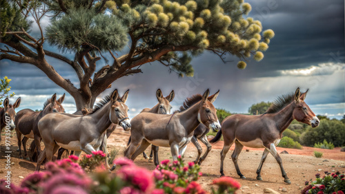 Herd of African Wild Asses Walking in Desert Landscape Under Dramatic Sky