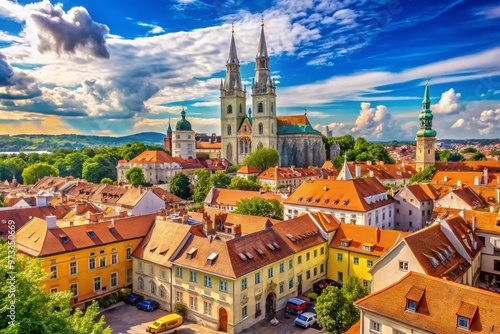 Vibrant cityscape of Zagreb's picturesque Old Town, featuring colorful buildings, cobblestone streets, and majestic photo