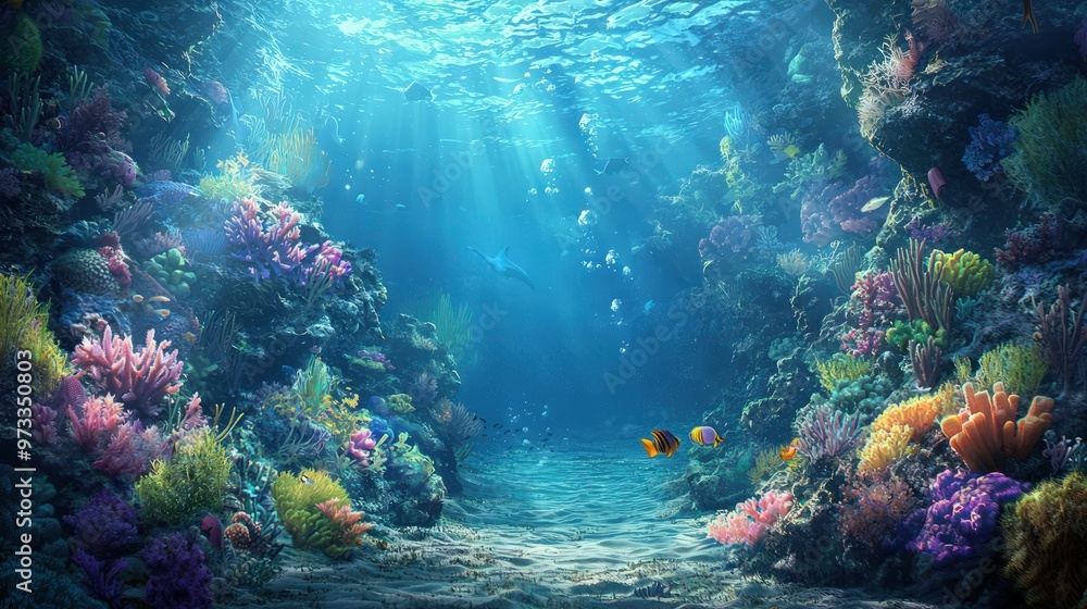 Naklejka premium A mesmerizing underwater fantasy landscape within a hidden realm of the ocean, showcasing a magnificent coral reef teeming with marine life.