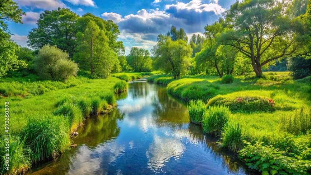 A serene and picturesque view of a small stream meandering through vibrant lush green vegetation creating a panoramic landscape, scenic, wilderness, flora, water, vegetation, green, rural A serene and picturesque view of a small stream meandering through vibrant lush green vegetation creating a panoramic landscape, scenic, wilderness, flora, water, vegetation, green, rural