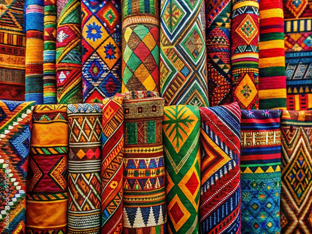 Vibrant colorful African-inspired textiles with intricate geometric ...