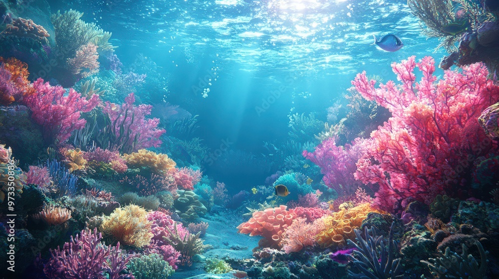 Naklejka premium A mesmerizing underwater fantasy landscape within a hidden realm of the ocean, showcasing a magnificent coral reef teeming with marine life.