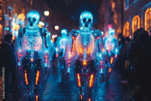 A futuristic Halloween parade with floats featuring holographic projections and drones creating eerie light effects. Concept of high-tech holiday celebrations.