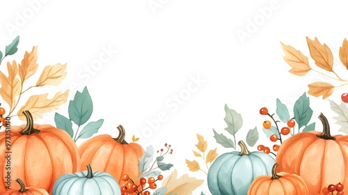 Watercolor-style border illustration with autumnal pumpkins, berries, and leaves. Bright and colorful design, ideal for framing festive Thanksgiving invitations or seasonal holiday cards.
 photo