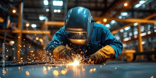 An individual in protective gear is seen working on metal components, with a glowing torch and bright sparks illuminating their task