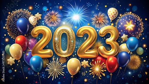 Vibrant colorful illustration of fireworks, confetti, and balloons surrounding bold golden 2023 numerals, set against a dark blue starry night sky with subtle sparkle effects.