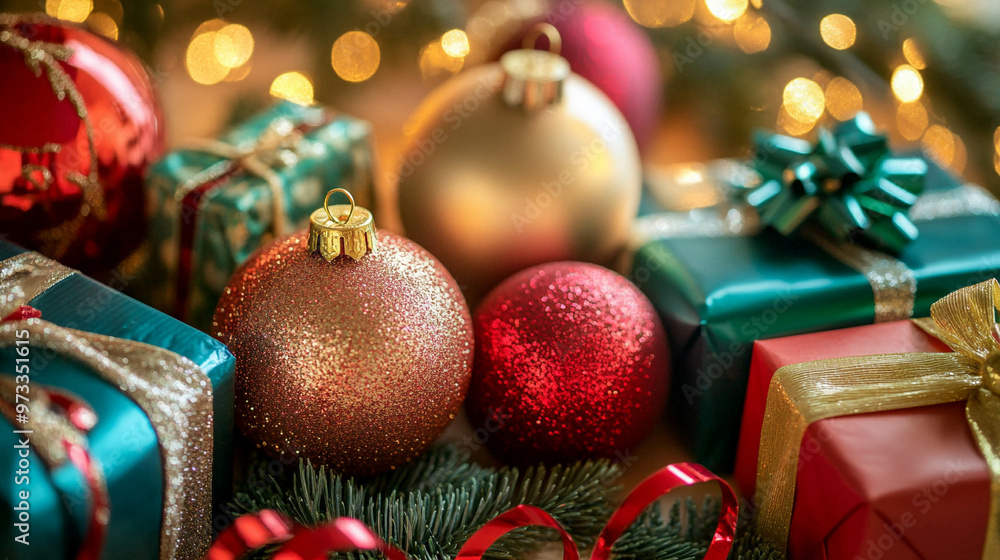 A close-up of an assortment of shiny Christmas ornaments, gift-wrapped presents in festive paper, and colorful ribbons on a table A close-up of an assortment of shiny Christmas ornaments, gift-wrapped presents in festive paper, and colorful ribbons on a table