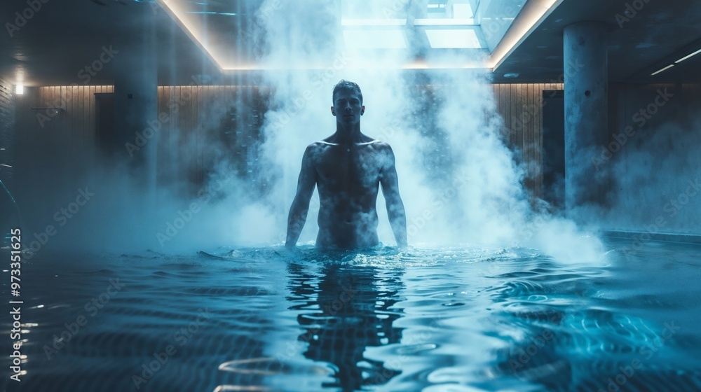 Obraz premium A man in a pool of water from which steam is coming out.