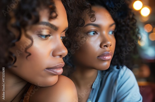 Two young women looking sad and pensive in a cafe