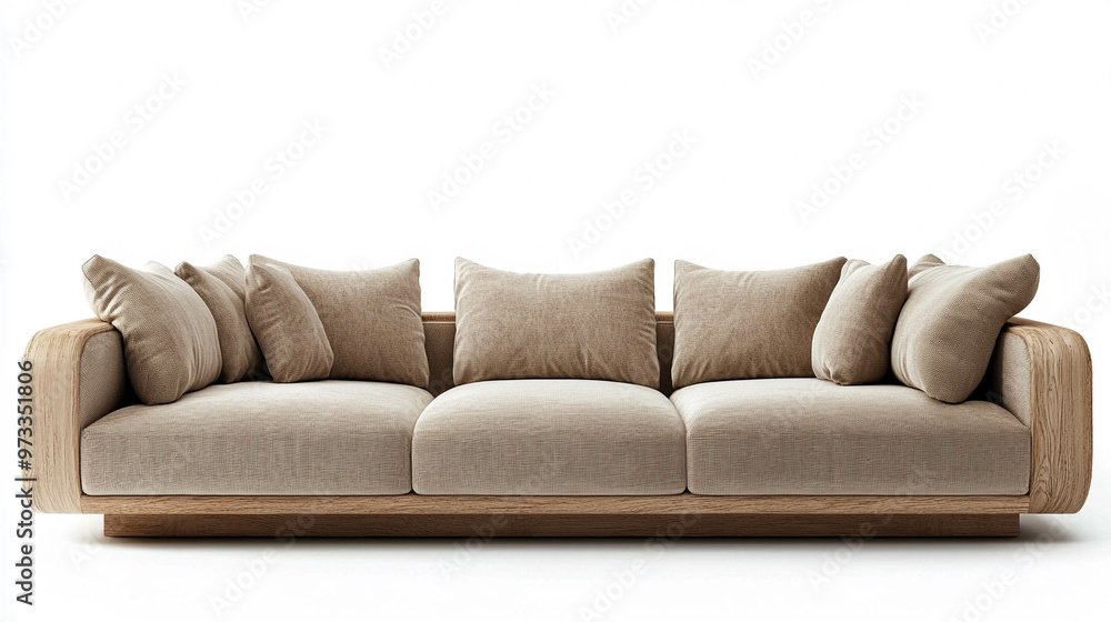 Obraz premium A light brown modern and comfortable sofa on a white background