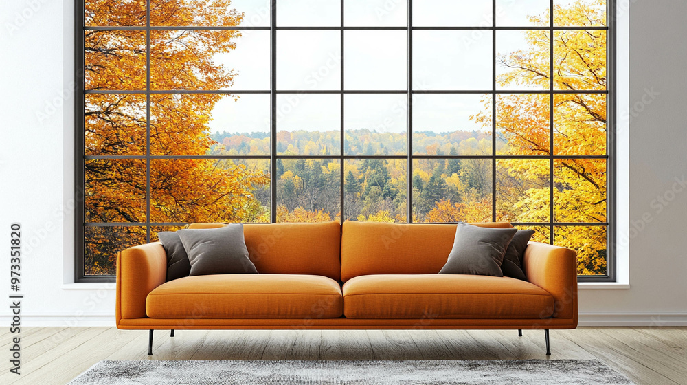 Obraz premium a modern and comfortable light orange sofa in an empty living room in front of a bright window with falll landscape view