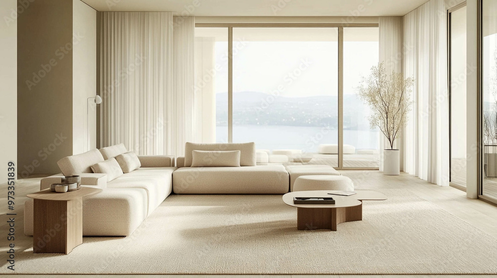 A modern living room featuring a neutral color palette with beige sofas, a soft cream rug, and minimalistic decor. Large windows let in natural light, highlighting the serene atmosphere A modern living room featuring a neutral color palette with beige sofas, a soft cream rug, and minimalistic decor. Large windows let in natural light, highlighting the serene atmosphere