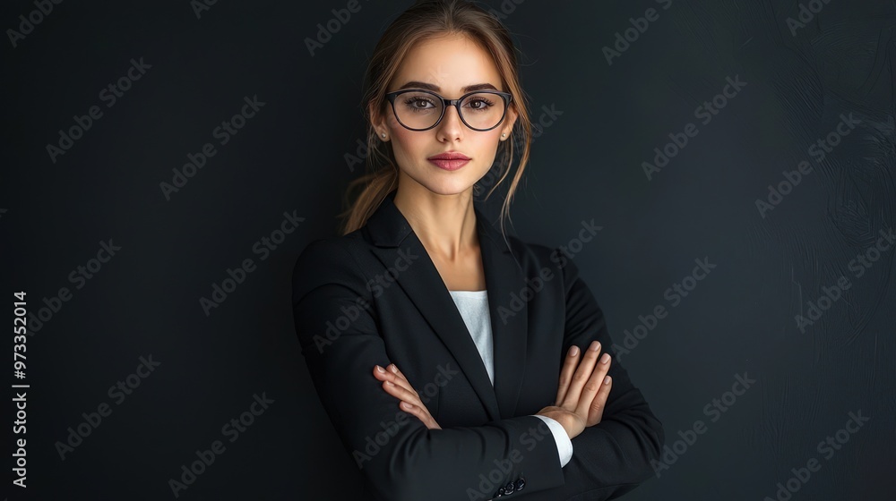 A professional woman in glasses crosses her arms confidently in a suit, her stance asserting her competence.