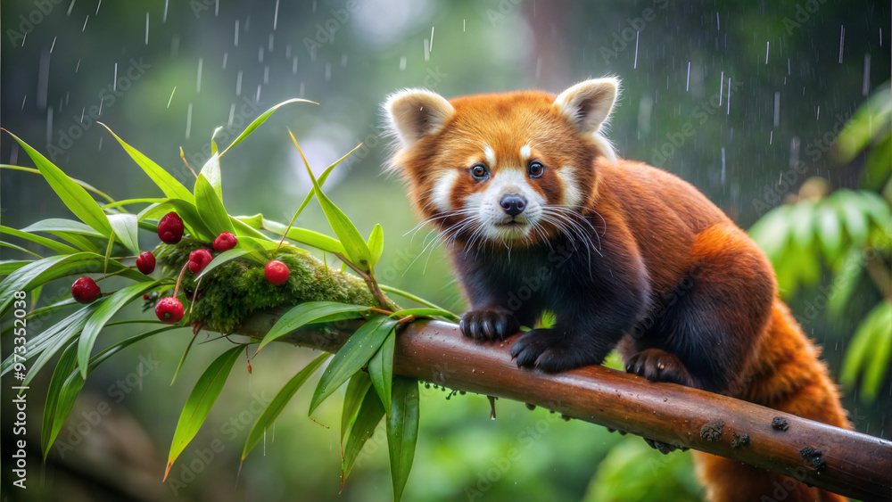 Red Panda on Tree Branch in Rainy Forest with Berries Red Panda on Tree Branch in Rainy Forest with Berries