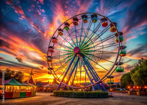 Vibrant colors swirl around a whimsical Ferris wheel at dusk, capturing the essence of carefree joy and unbridled photo