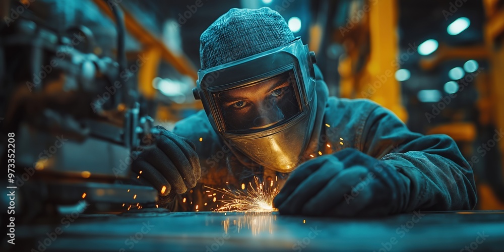 An individual in welding attire carefully completes metal work, showcasing expertise with bright welding arcs and sparks An individual in welding attire carefully completes metal work, showcasing expertise with bright welding arcs and sparks