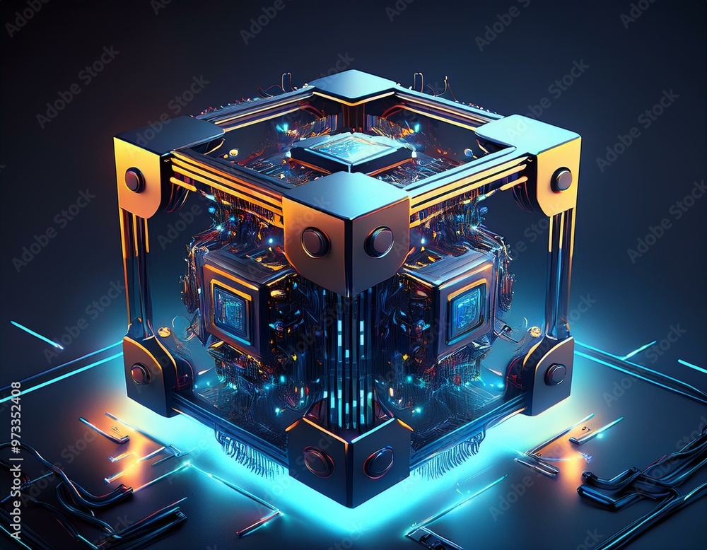 Fototapeta premium Futuristic Glowing Technology Cube in Blue-Orange Tones for background, wallpaper, futuristic visualize