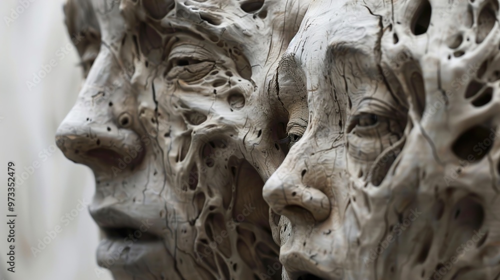 Intricate Wooden Sculpture of Human Faces Intricate Wooden Sculpture of Human Faces