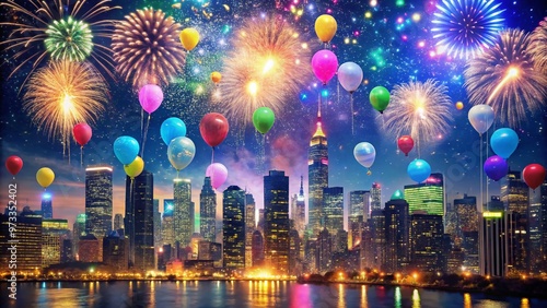 Vibrant confetti and balloons fill the air as a sparkling city skyline shines bright with fireworks, capturing the essence of a joyful New Year's celebration.