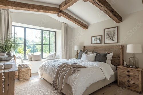 Wallpaper Mural A rustic yet contemporary farmhouse bedroom adorned with historical wooden beams and charming architectural details. Torontodigital.ca