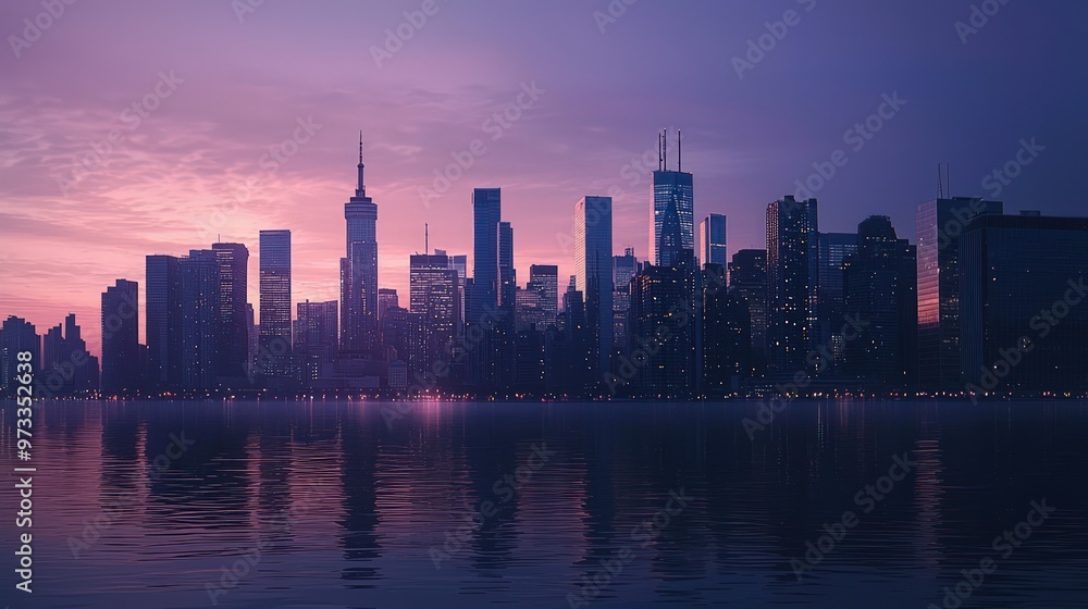 Obraz premium A serene cityscape captured at the magical moments of dusk or dawn, highlighting the architectural silhouettes against a subtly changing sky, emphasizing the transition between day and night.