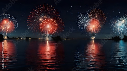 Fireworks over water in shades of red, blue, and white, reflecting against a backdrop of the night sky. celebration of July Fourth. Holiday in America. AI generation photo