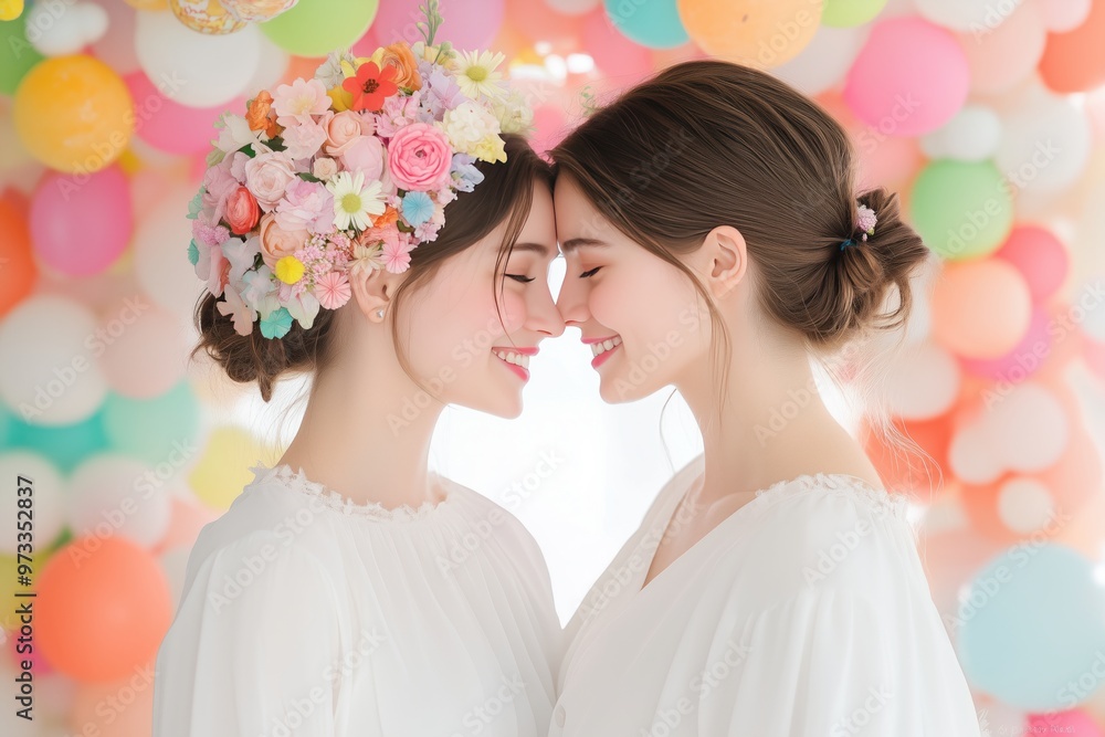 Pastel Dreams: Two brides share a tender moment beneath a whimsical balloon arch, their joy radiating in a celebration of love and commitment. Pastel Dreams: Two brides share a tender moment beneath a whimsical balloon arch, their joy radiating in a celebration of love and commitment.