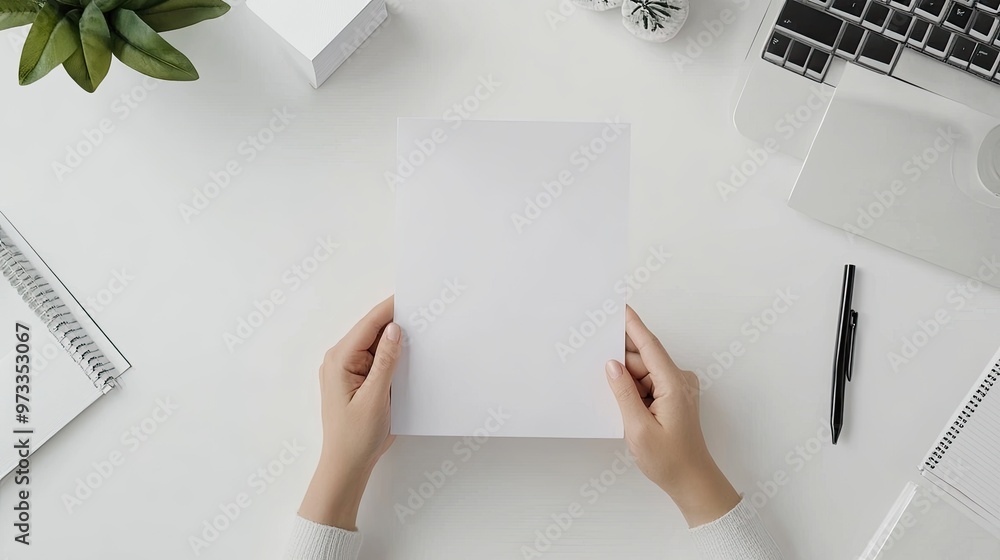 A pair of hands holding a blank white paper on a white desk with office supplies. A pair of hands holding a blank white paper on a white desk with office supplies.