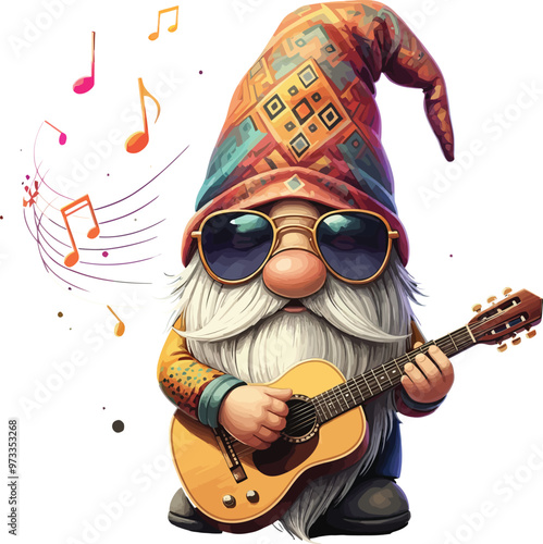 A fun gnome holding a tiny guitar, wearing a colorful, patterned hat and sunglasses 