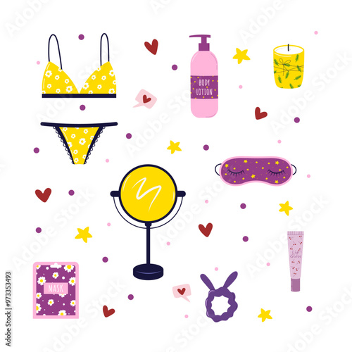 Cosmetics and different self care things in cute doodle style. Set of lifestyle vector elements. Pyjamas party stickers. Beauty accessories