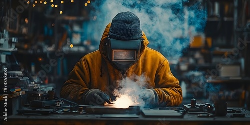 An individual in welding attire meticulously performs metal work, with intense light and sparks from the welding torch photo