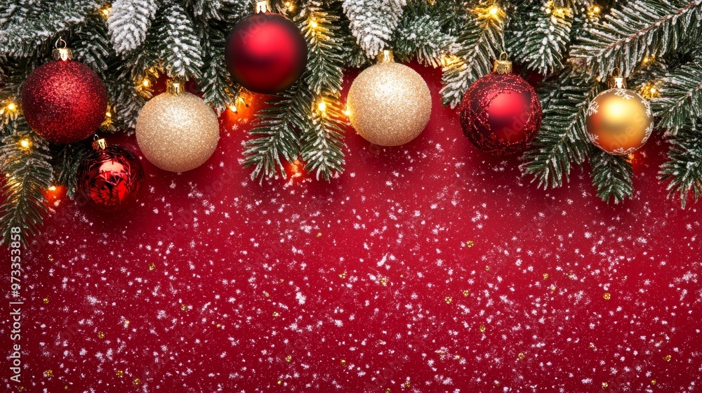 Naklejka premium Festive Christmas tree with decorations with glittery baubles, frosted evergreen branches, illuminated by warm lights on a blur background. Merry Christmas banner and poster