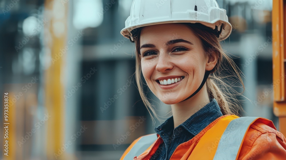 A smiling woman in a helmet on a work site, her confidence in her professional environment evident. A smiling woman in a helmet on a work site, her confidence in her professional environment evident.