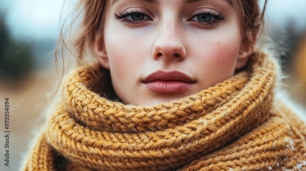 Young woman with a warm scarf outdoors in autumn, expressing tranquility amidst nature Young woman with a warm scarf outdoors in autumn, expressing tranquility amidst nature