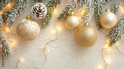 Festive Christmas tree with decorations with glittery baubles, frosted evergreen branches, illuminated by warm lights on a blur background. Merry Christmas banner and poster