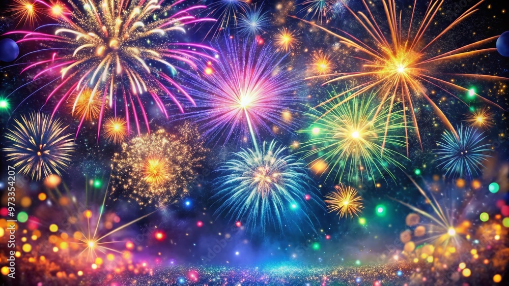 Vibrant confetti and glittering fireworks explode in a kaleidoscope of color against a dark night sky, capturing the magic and excitement of the new year celebration. Vibrant confetti and glittering fireworks explode in a kaleidoscope of color against a dark night sky, capturing the magic and excitement of the new year celebration.