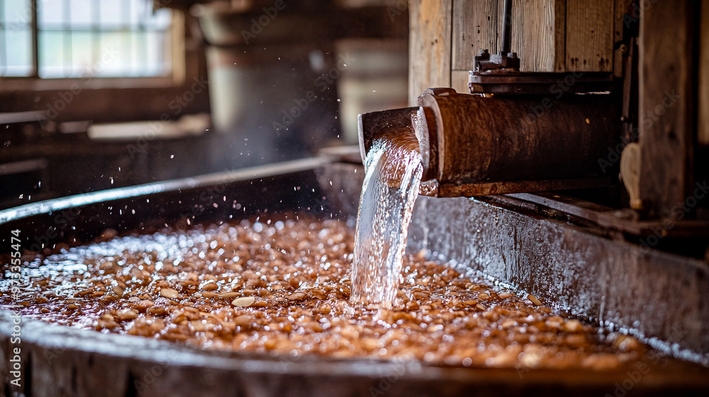 Water flows over a wooden trough in a traditional syrup production facility during springtime Water flows over a wooden trough in a traditional syrup production facility during springtime