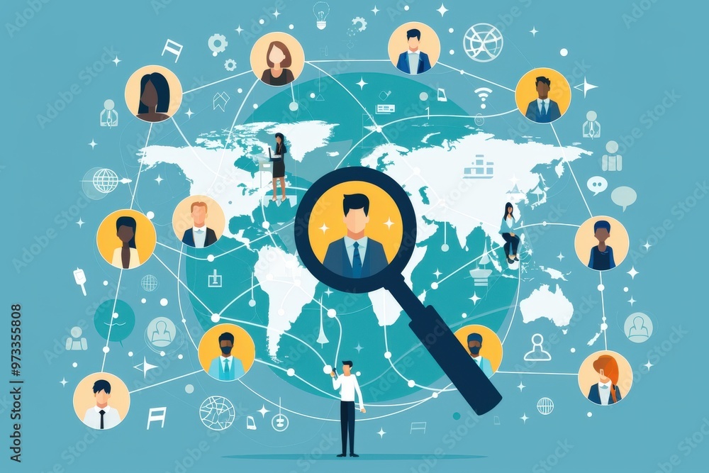 A man is looking through a magnifying glass at a globe with many people on it. generative ai image A man is looking through a magnifying glass at a globe with many people on it. generative ai image