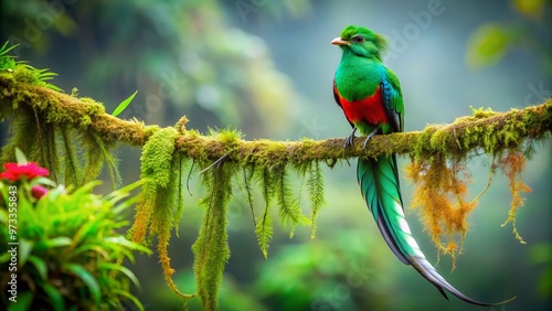 Vibrant emerald plumage shines on a majestic quetzal perched on a moss-covered branch, surrounded by lush greenery in